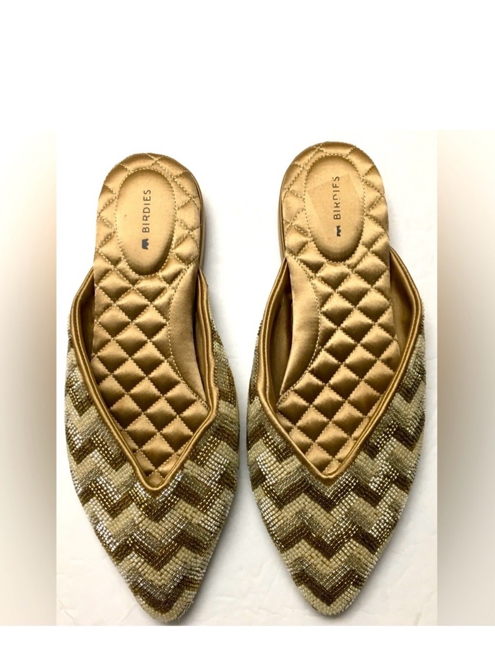 Birdies The Swan Beaded Tointy Toe Slides 7.5 Champagne Chevron Slip -On Flats